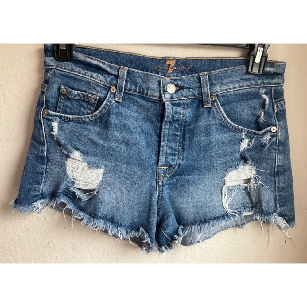 7 For all Mankind Women Sz.27 Denim Jean Shorts Hot pants Button fly  Distressed